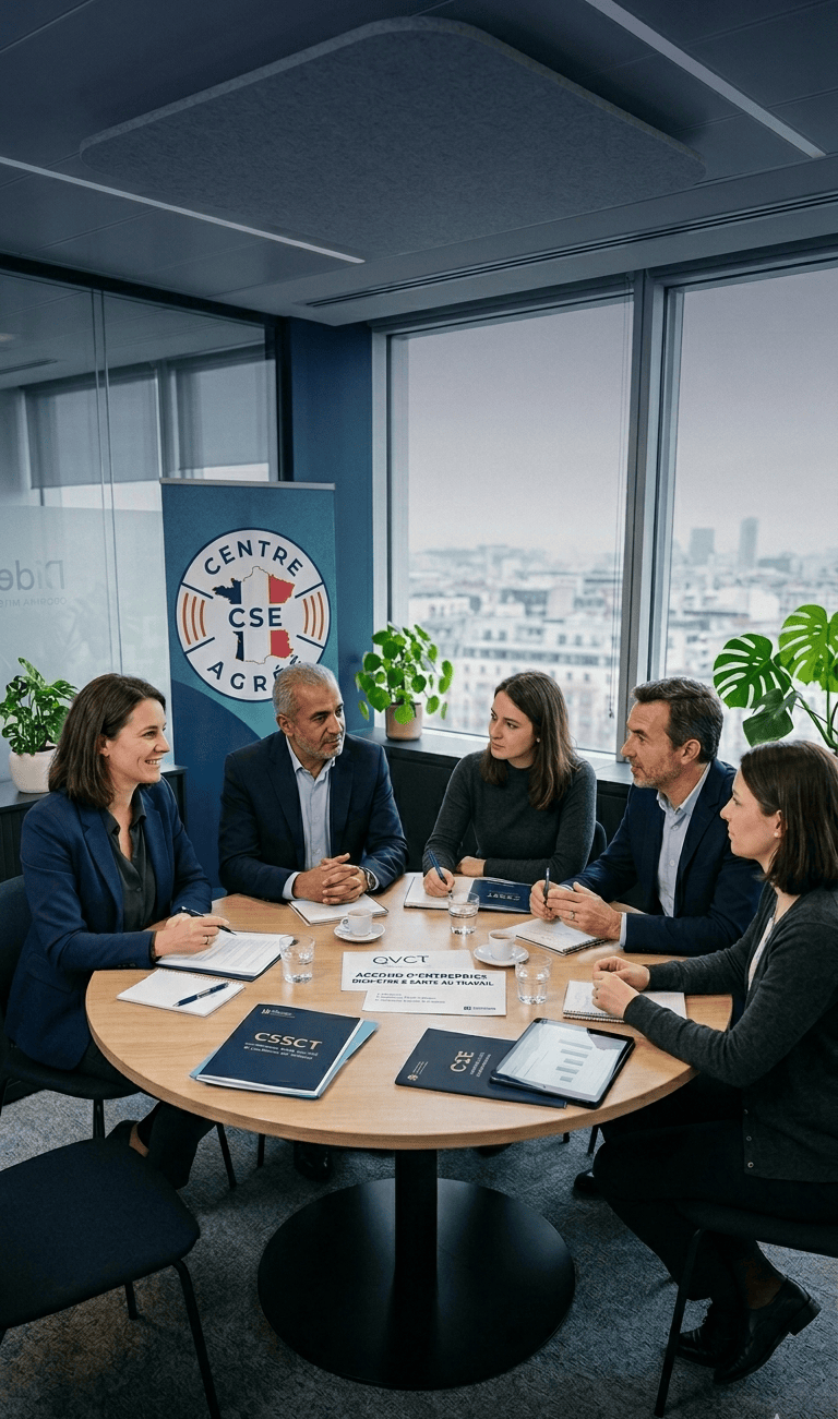 Formation professionnelle sur la qualité de vie et des conditions de travail (QVCT) avec des représentants du personnel CSE autour d’une table ronde dans un environnement institutionnel et moderne.